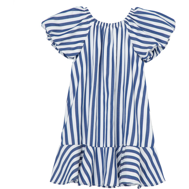 Bubble Sleeve Nautical-Striped Dress With Tacked Bow, Blue - Dresses - 2