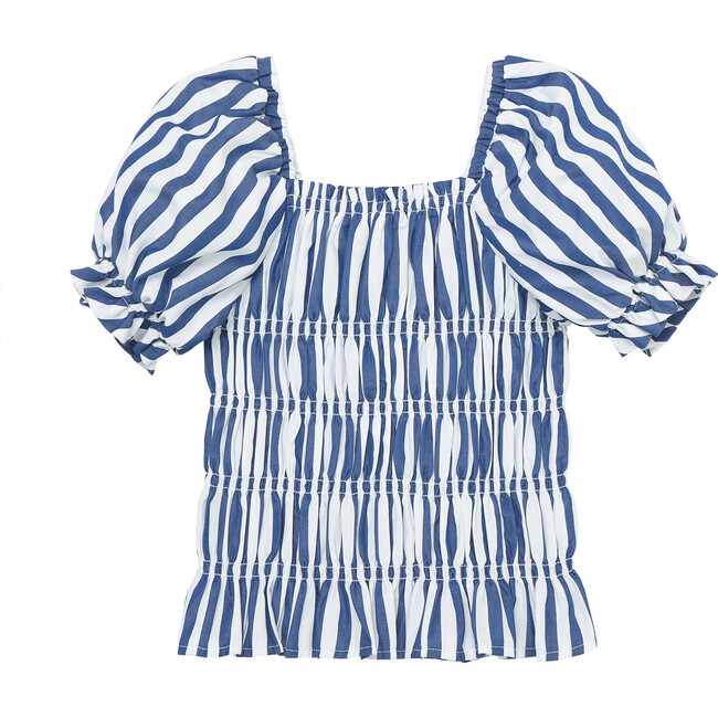 Peasant Square Neck Smocked Top, Blue - Blouses - 1
