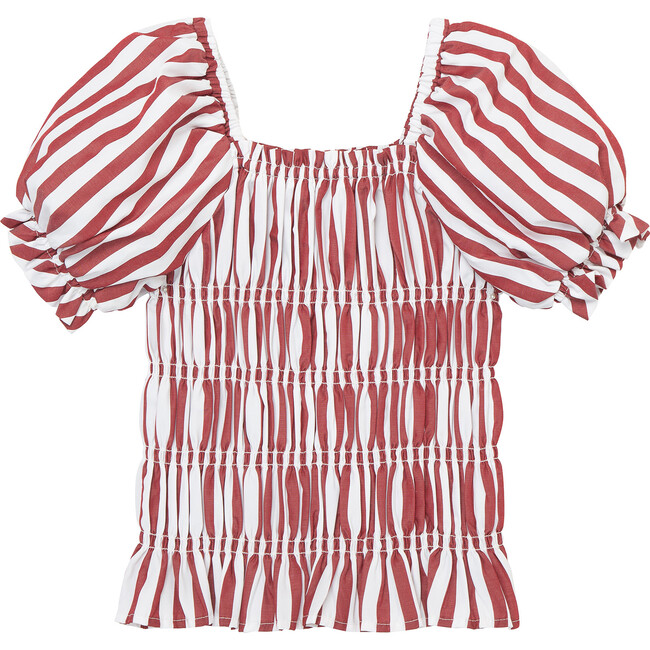 Peasant Square Neck Smocked Top, Red