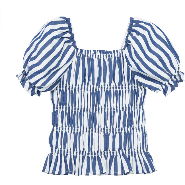 Peasant Square Neck Smocked Top, Blue - Blouses - 2