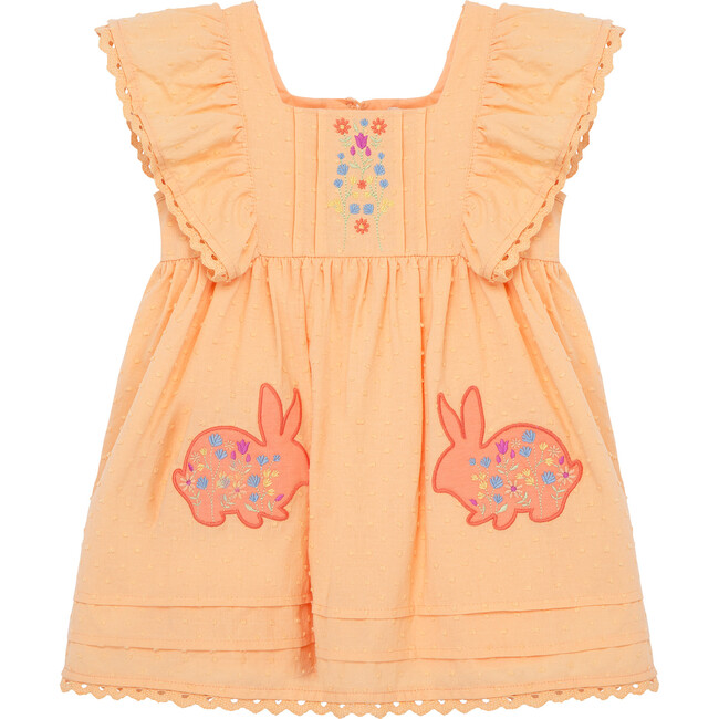 Embroidered Bunnies Dress, Coral
