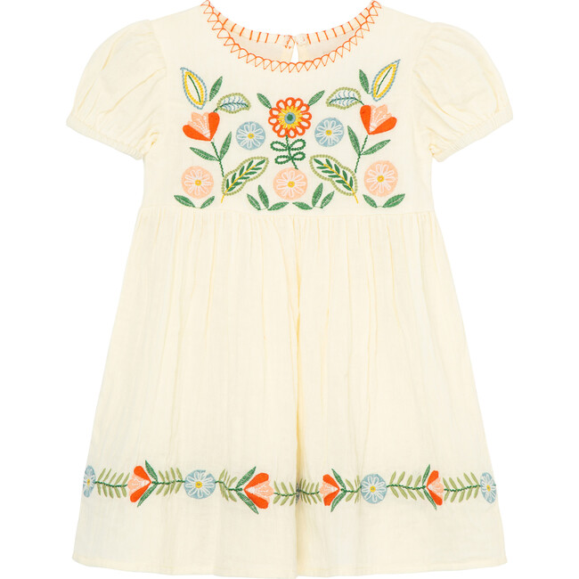 Embroidered Folk Florals Dress, Off-White