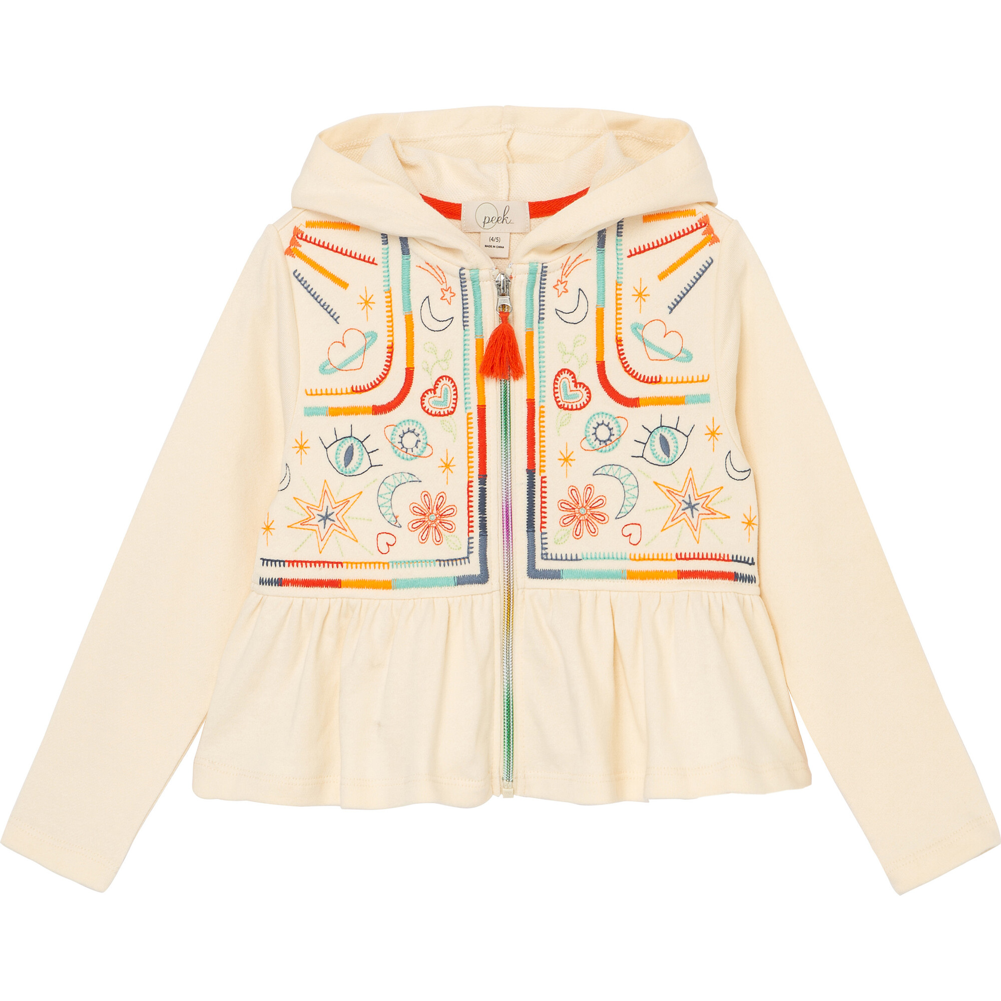 Zen Embroidery Peplum Hoodie, Off-White - Sweatshirts - 1