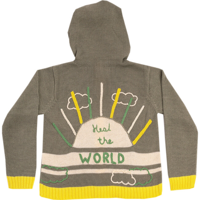 Embroidered Cardigan Sweater with Hoodie "Heal the World", ArmyGreen - Sweaters - 2