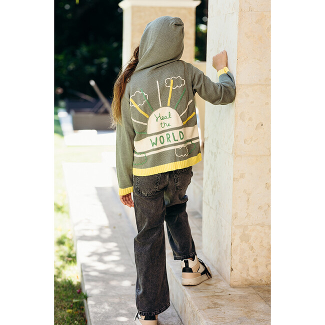 Embroidered Cardigan Sweater with Hoodie "Heal the World", ArmyGreen - Sweaters - 3