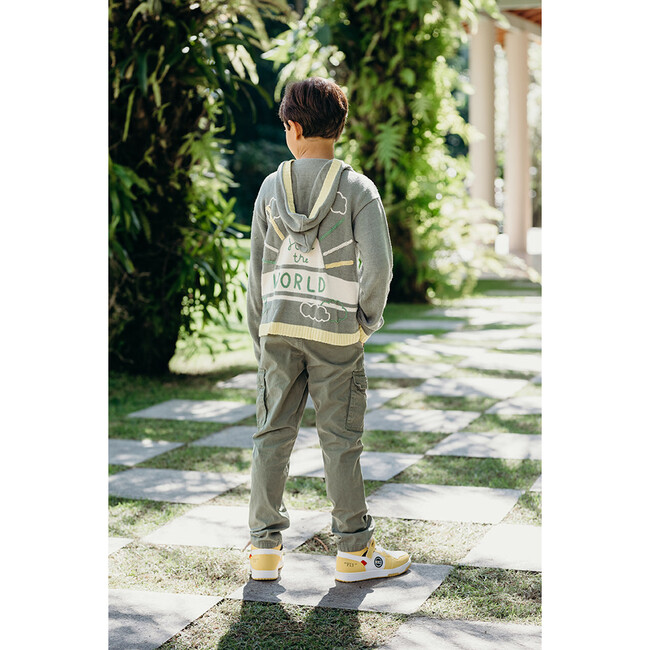 Embroidered Cardigan Sweater with Hoodie "Heal the World", ArmyGreen - Sweaters - 4