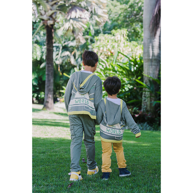 Embroidered Cardigan Sweater with Hoodie "Heal the World", ArmyGreen - Sweaters - 5