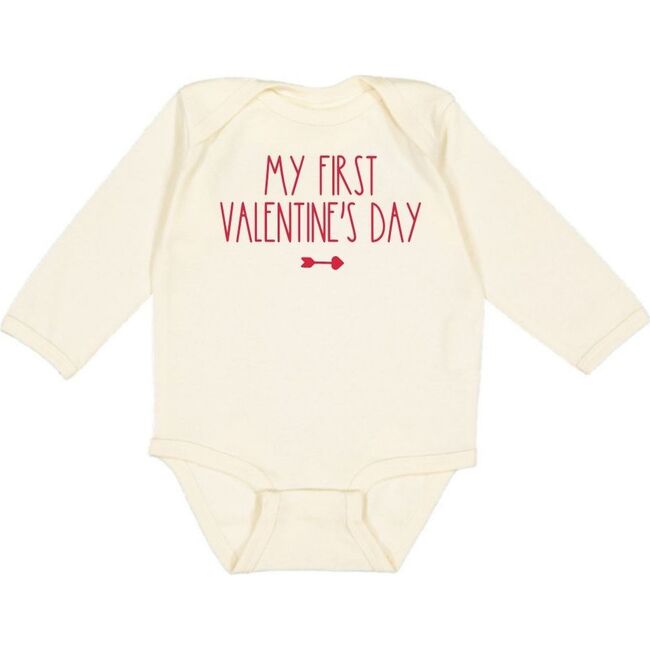 My First Valentine's Day Long Sleeve Bodysuit, Natural - Bodysuits - 1