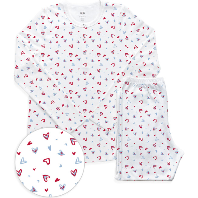 Women's Organic Henley Pajama Set With Pants, Red And Blue Hearts