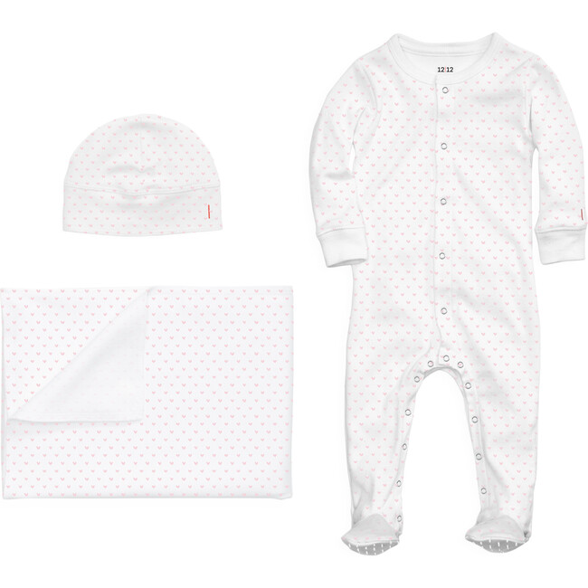 The Organic Blanket Footie And Hat Baby Gift Set, Tiny Hearts