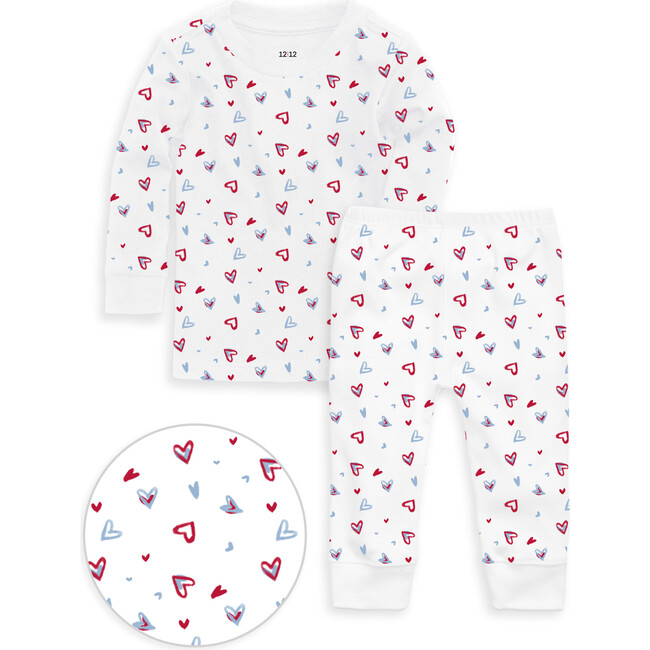 The Organic Long Sleeve Pajama Set, Red And Blue Hearts Print - Pajamas - 1