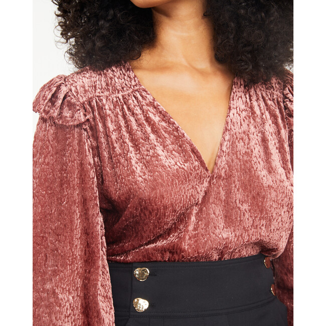 Women's Lucy V-Neck Ruffled Shoulder Top, Rosewood - Blouses - 3