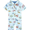 Flyer Short Sleeve Collared Henley Romper, Blue - Rompers - 1 - thumbnail