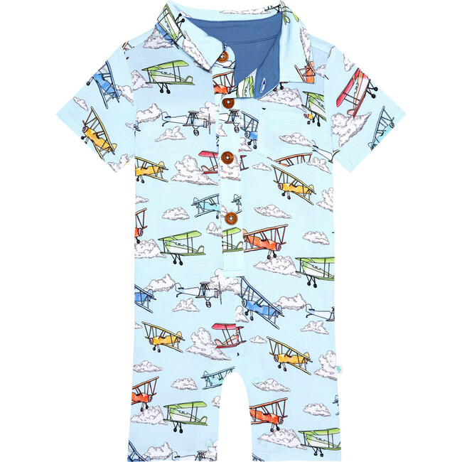 Flyer Short Sleeve Collared Henley Romper, Blue - Rompers - 2