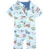 Flyer Short Sleeve Collared Henley Romper, Blue - Rompers - 2