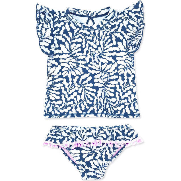 Seashell Short Sleeve 2-Piece Ruffle Swim Set, Navy And White