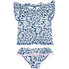 Seashell Short Sleeve 2-Piece Ruffle Swim Set, Navy And White - Two Pieces - 1 - thumbnail