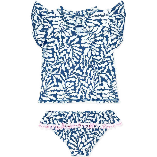 Seashell Short Sleeve 2-Piece Ruffle Swim Set, Navy And White - Two Pieces - 2