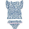 Seashell Short Sleeve 2-Piece Ruffle Swim Set, Navy And White - Two Pieces - 2