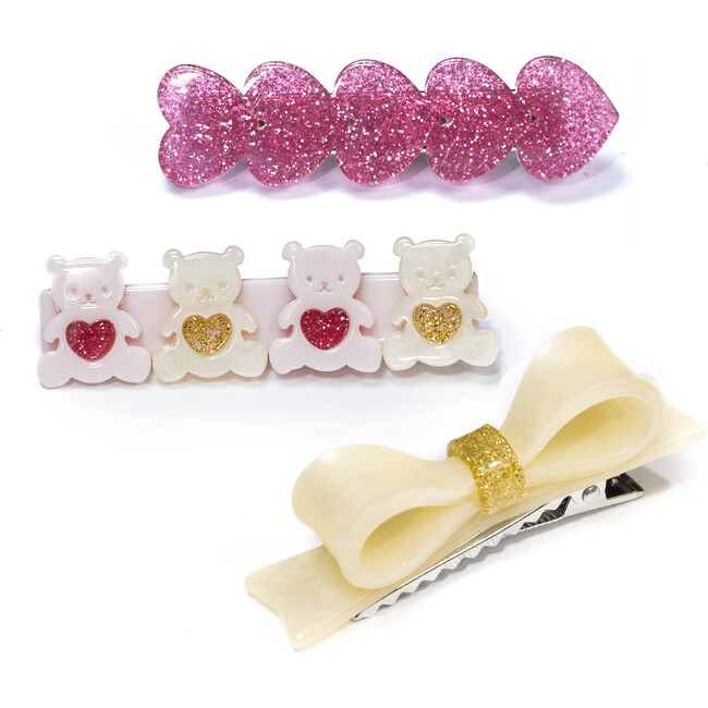Lilies & Roses- Bear with Hearts and Bow Alligator Clip (Set of 3) - Hair Accessories - 2
