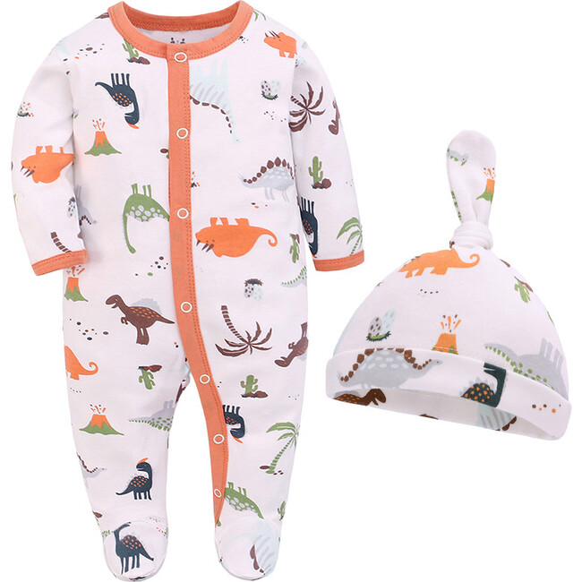 Colorful Dinosaurs Footie with Matching Hat - Mixed Apparel Set - 1