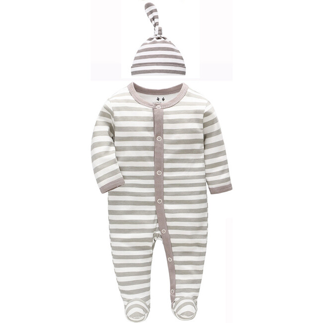 Grey Stripes Footie with Matching Hat
