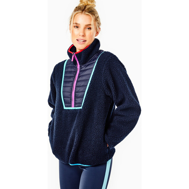 Women's Major Sherpa High Neck Zipper Pullover, Navy - Sweatshirts - 1