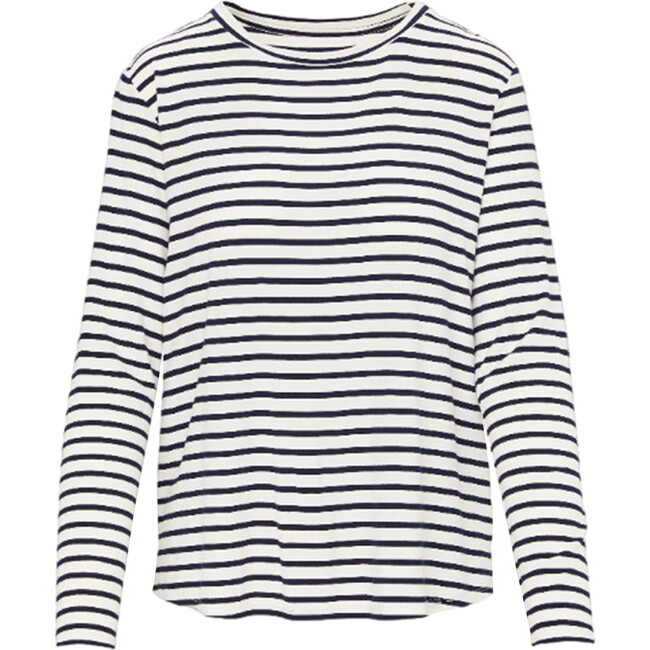 Women's Everyday Long Sleeve Tee, White And Navy Stripe - T-Shirts - 1