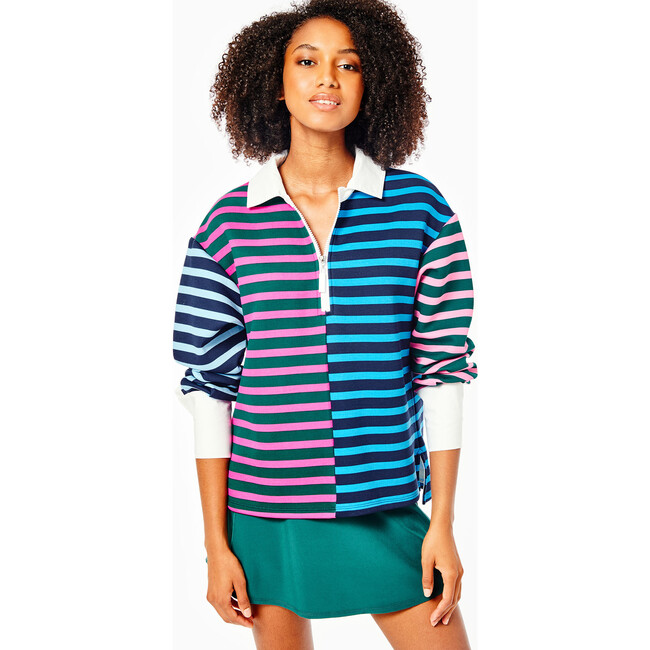Women's Rara Rugby Button-Up Sweatshirt, Multicolor Stripes - Sweatshirts - 2