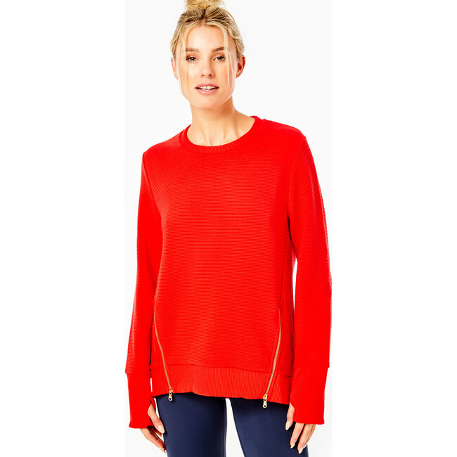 Addison Bay, Women's Everyday CrewNeck Shirt Zipper Pullover w/ Thumb Holes,  Poppy (Red, Size Large)