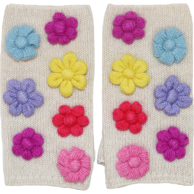 Knit Short Fingerless Gloves w. Crochet 3D flowers