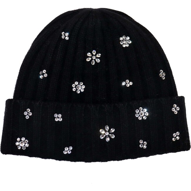 Women's Cashmere Ribbed Cuff Beanie w. Flower Crystal Embellishment - Hats - 1