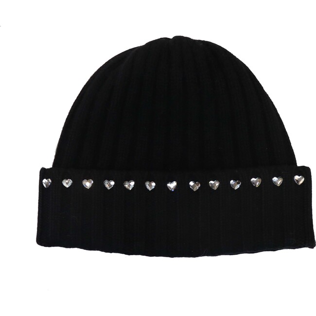 Women's Cashmere Ribbed Cuff Beanie w. Crystal Hearts - Hats - 1