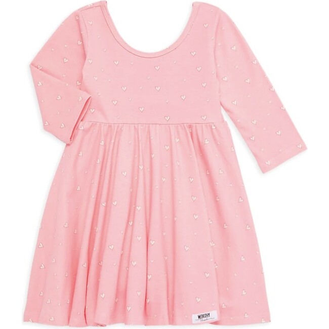 Long Sleeve Hearts Twirly Dress, Pink - Dresses - 1
