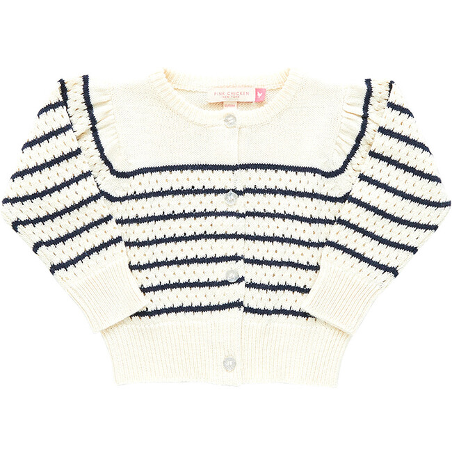 Constance Long Sleeve Button-Down Sweater, Cream And Navy Stripe