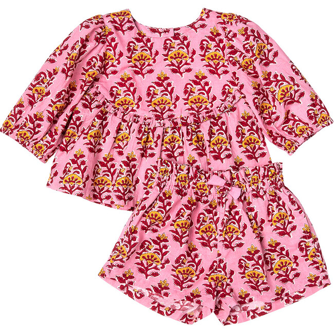 Rowan Long Sleeve 2-Piece Short Set, Pink Posey Block Print - Mixed Apparel Set - 1