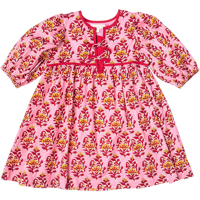 Jade V-Neck Puff Sleeve Dress, Pink Posey Block Print