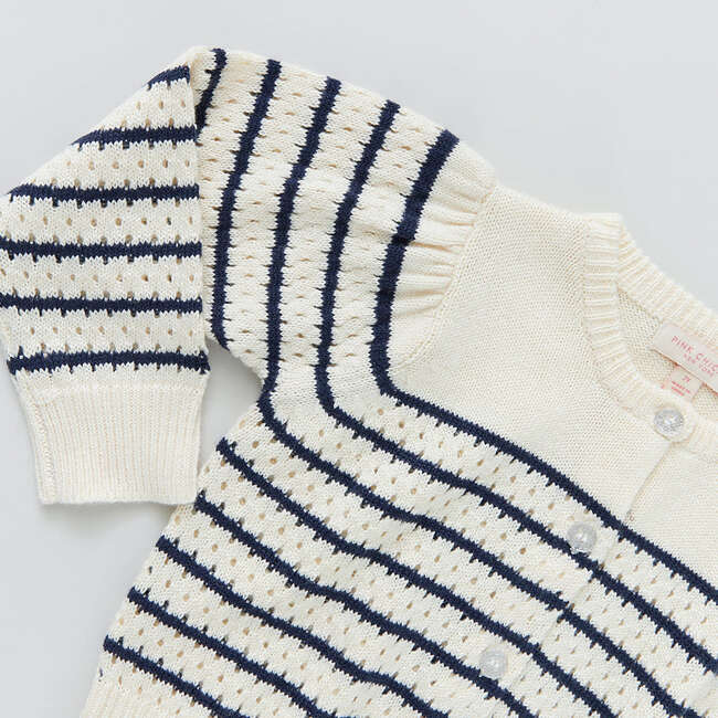Constance Long Sleeve Button-Down Sweater, Cream And Navy Stripe - Sweaters - 3
