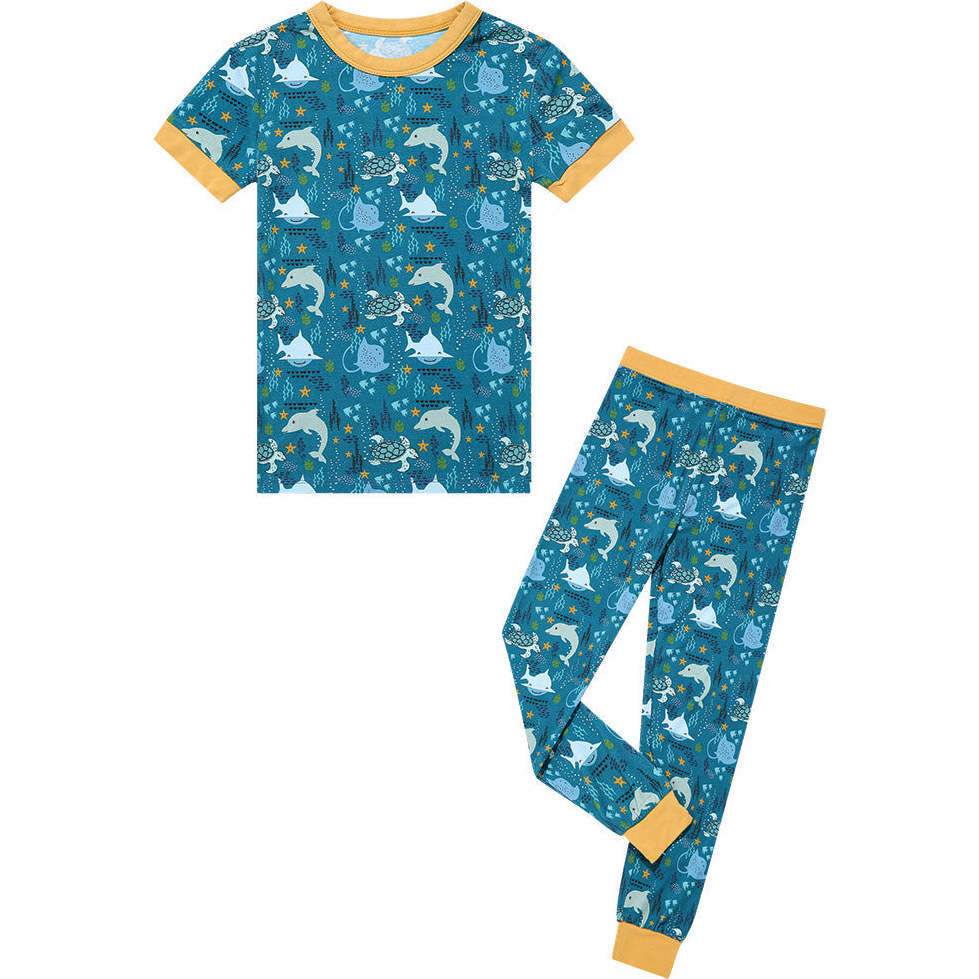 Ocean Friends Viscose Bamboo Short Sleeve Pajama Pants Set, Blue - Two Pieces - 1
