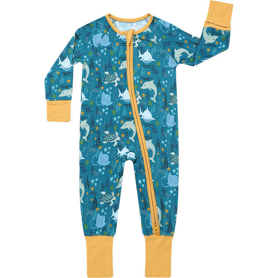 Ocean Friends Viscose Bamboo Pajama Convertible Footie Romper, Blue - Footie Pajamas - 1