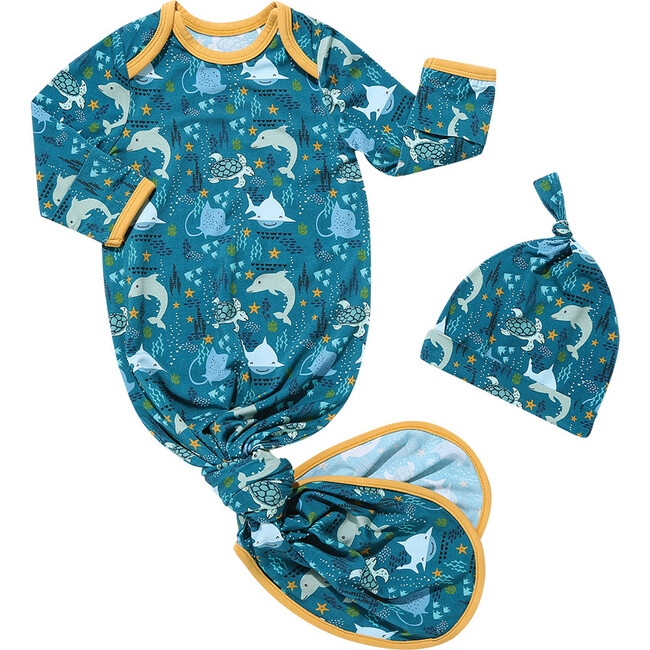 Ocean Friends Bamboo Gown And Hat Baby Gift Set, Blue - Mixed Apparel Set - 1