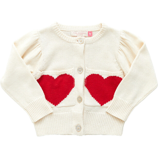 Baby Girls Heart Pocket Sweater, Cream - Sweaters - 1
