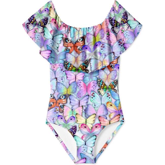 Butterflies Draped Bathing Suit, Lavender And Multicolors