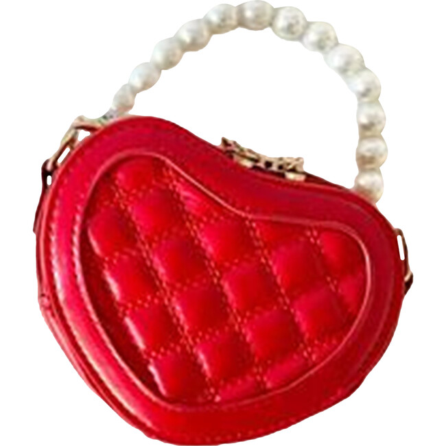 Heart Faux Leather Bag with Pearl Handle, Red