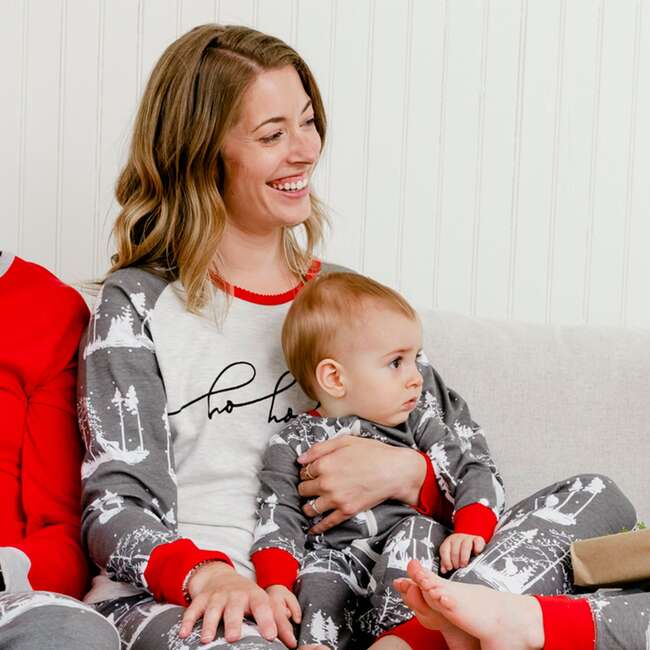 Organic Cotton Christmas Family Two Piece Printed Pajama Set For Mom, Grey Mix Dark Grey Red With Printed Deers And Ho Ho Ho - Pajamas - 2