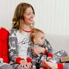 Organic Cotton Christmas Family Two Piece Printed Pajama Set For Mom, Grey Mix Dark Grey Red With Printed Deers And Ho Ho Ho - Pajamas - 2