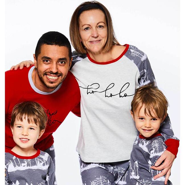 Organic Cotton Christmas Family Two Piece Printed Pajama Set For Mom, Grey Mix Dark Grey Red With Printed Deers And Ho Ho Ho - Pajamas - 3