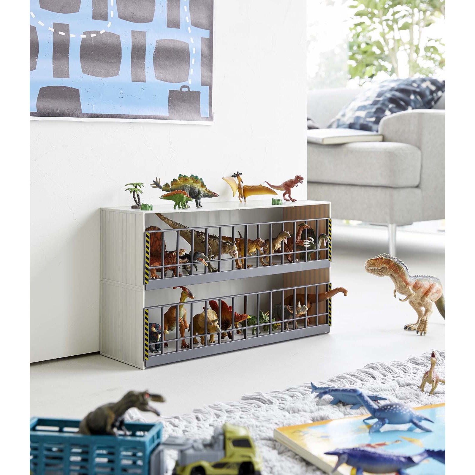 Dinosaur Toy Storage & Display Case Rack, Gray - Yamazaki Dinosaur Toy Storage & Display Case Rack, Gray - Yamazaki