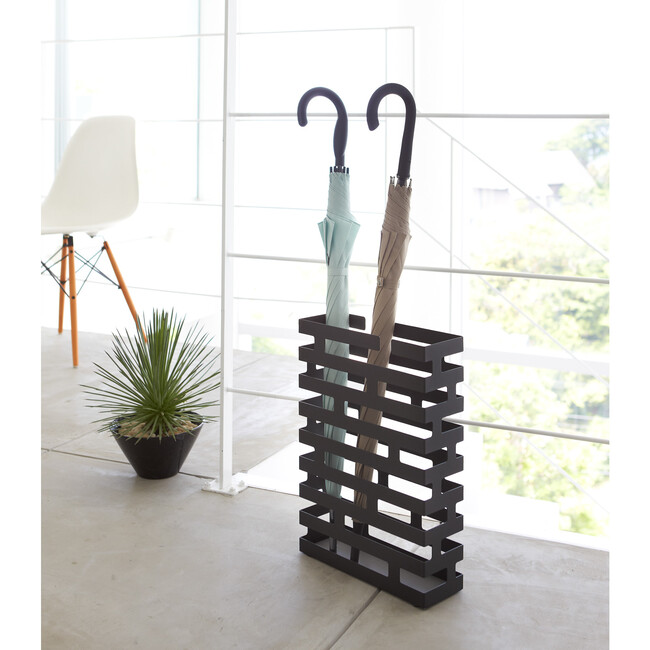 Compact Rectangular Brickwork-Inspired Umbrella Stand, Black - Storage - 3
