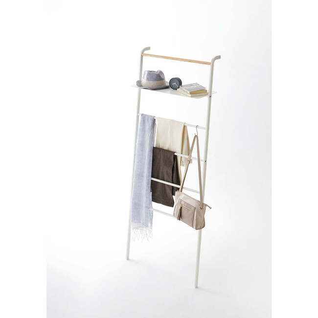 Leaning Ladder Rack With Shelf, White - Storage - 2